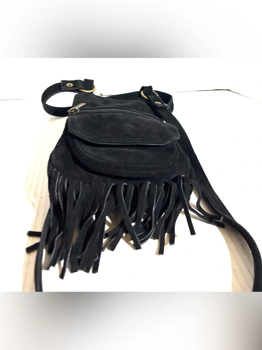 Vintage Black Suede Fringe Crossbody Bag